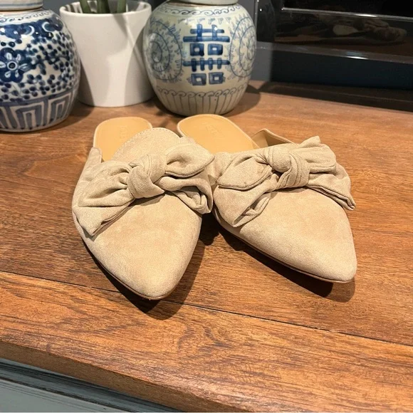 NWOT J. Crew Tan Suede Mules with Bow Detail, Size 11 - Picture 1 of 5